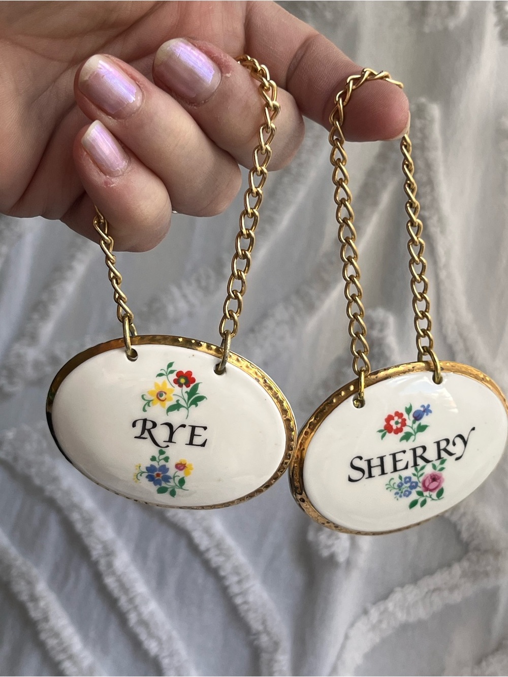 2 vintage Sandford Bone China Liquor Bottle Tags - Rye & Sherry
